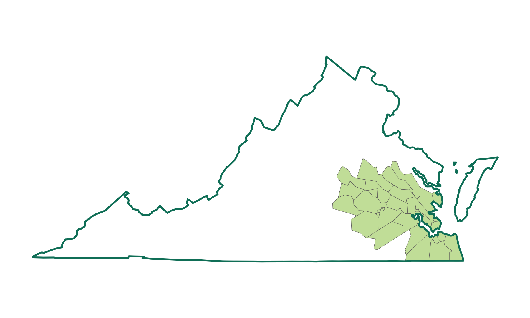 Map of Virginia with Terien's Central and Eastern service area shaded